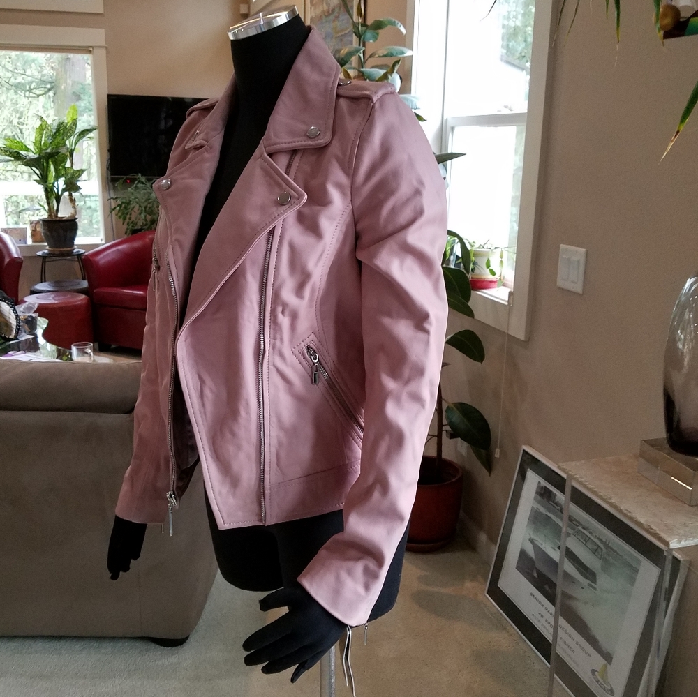 Wilsons Luxe Leather Moto Jacket Vintage Style Dusty Pink Silver Tone Hdwr S NWT - Picture 5 of 14